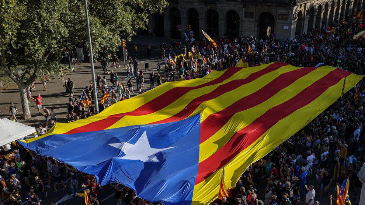 Estelada de grandes dimensiones en la manifestación del ANC por la Diada en Barcelona.