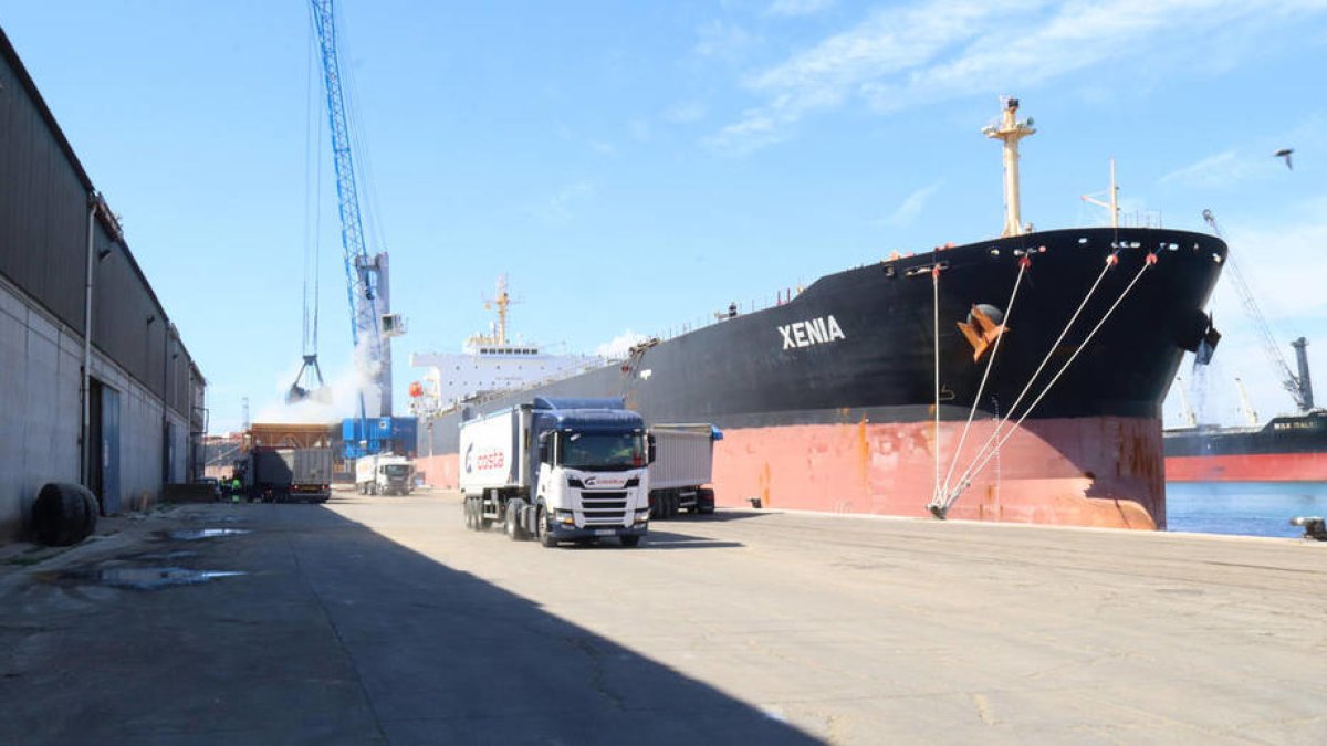 Imatge d'arxiu d'un vaixell carregat de cereals descarregant mercaderia en un moll del Port de Tarragona.