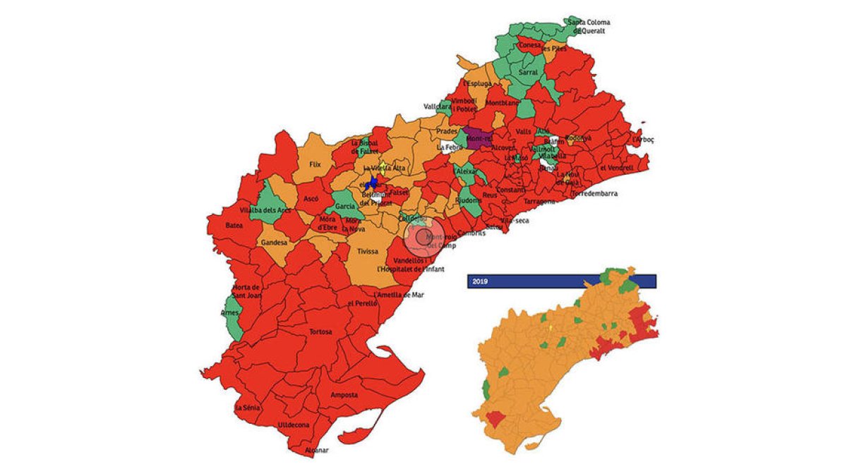 Comparativa de la força més votada a les eleccions. de l'any 2019 i a les d'enguany a la demarcació de Tarragona.