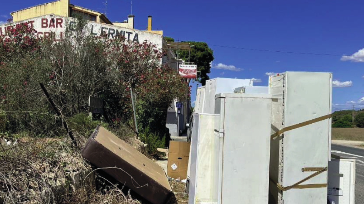 Imagen de desechos en contenedores a pie de carretera en Ferran.