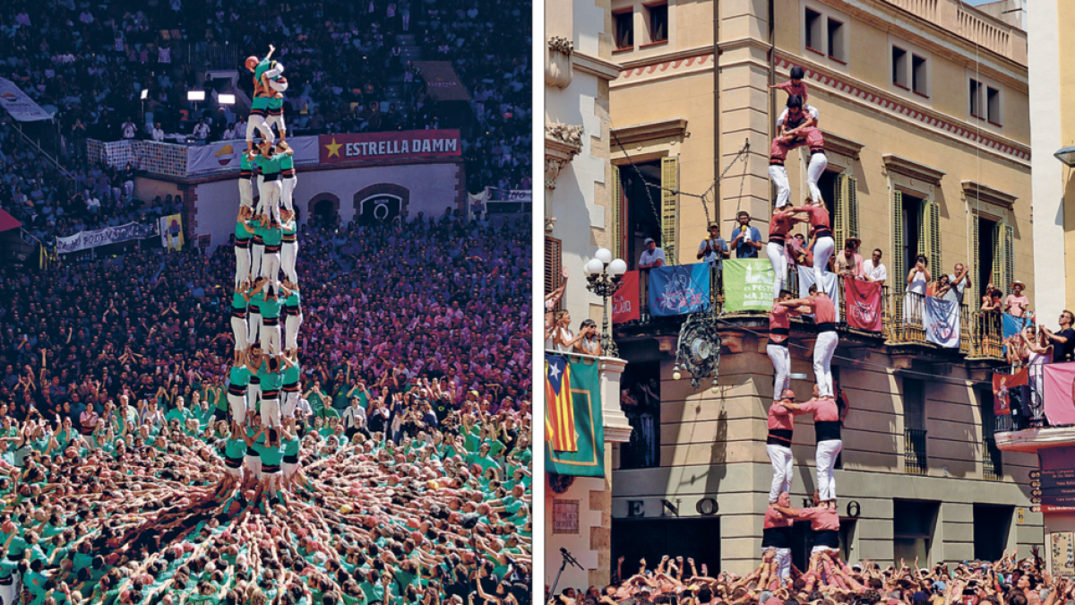 A l'esquerra, 4de9sf dels Castellers de Vilafranca del Concurs de Castells 2022, i, a la dreta, el 2de8sf de la Vella durant la diada de Sant Fèlix d'enguany.