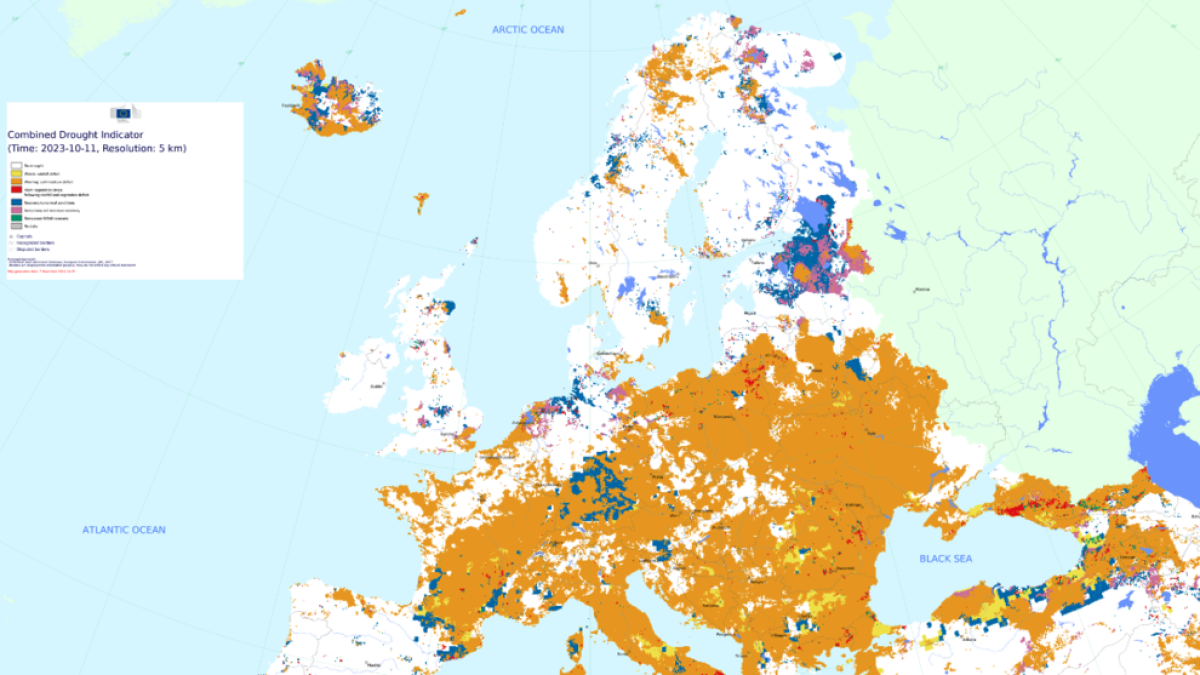 Mapa d'Europa amb l'estat de la sequera per nivells, segons l'Observatori Europeu de la Sequera en l'actualització de l'11 d'octubre al 20 d'octubre del 2023.