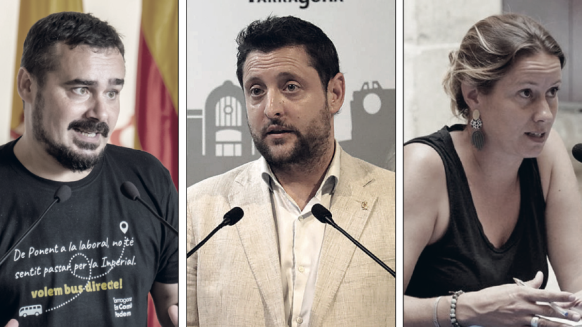 El portaveu d'ECP, Jordi Collado, l'alcalde, Rubén Viñuales, i la portaveu d'Esquerra, Maria Roig.