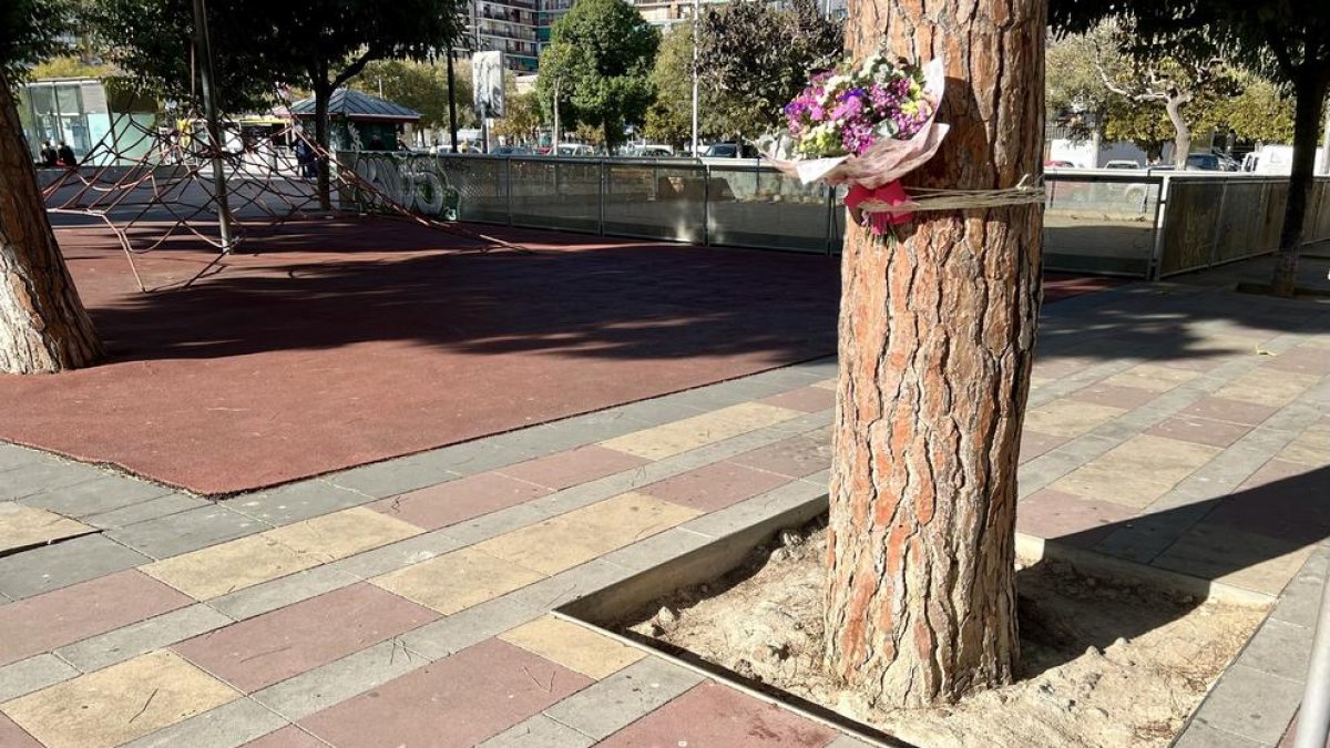 Ramo de flores que dos chicas han enganchado al árbol donde recibió una agresión mortal con arma blanca a un vecino del entorno de la plaza Pep Ventura de Badalona.