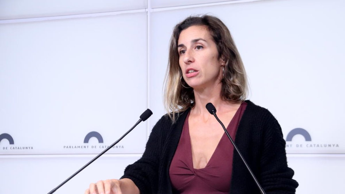 La diputada de la CUP Laia Estrada en roda de premsa des del Parlament.