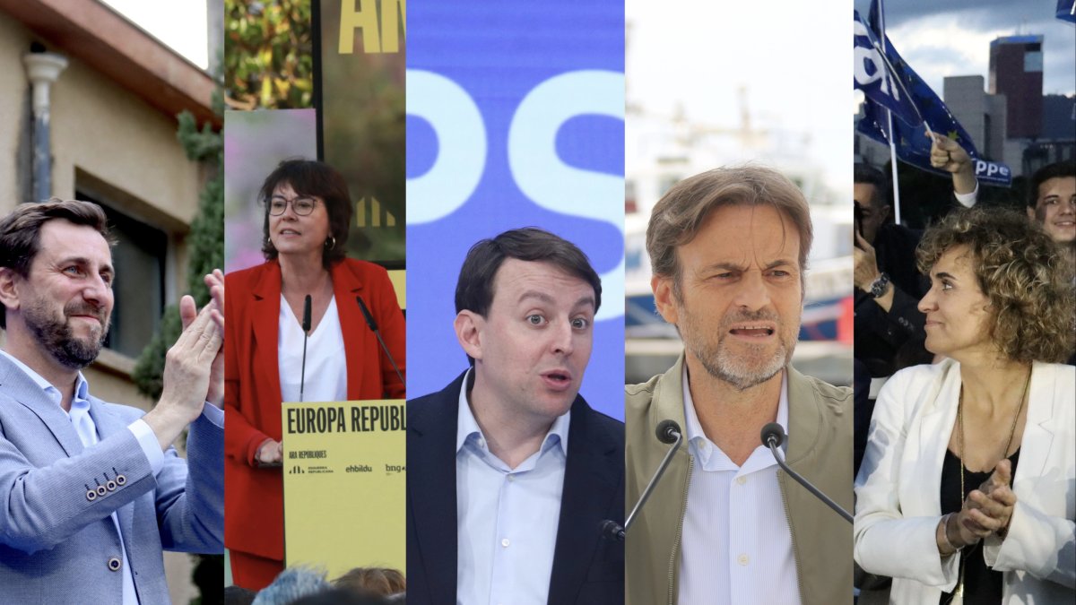 Fotomuntatge dels candidats de Junts, ERC, PSC, Comuns i PP a les eleccions del 9-J