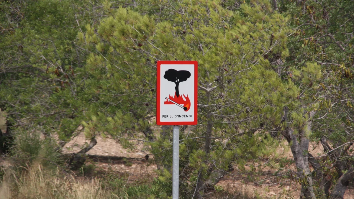 Pla detall del senyal de perill per incendi en una carretera