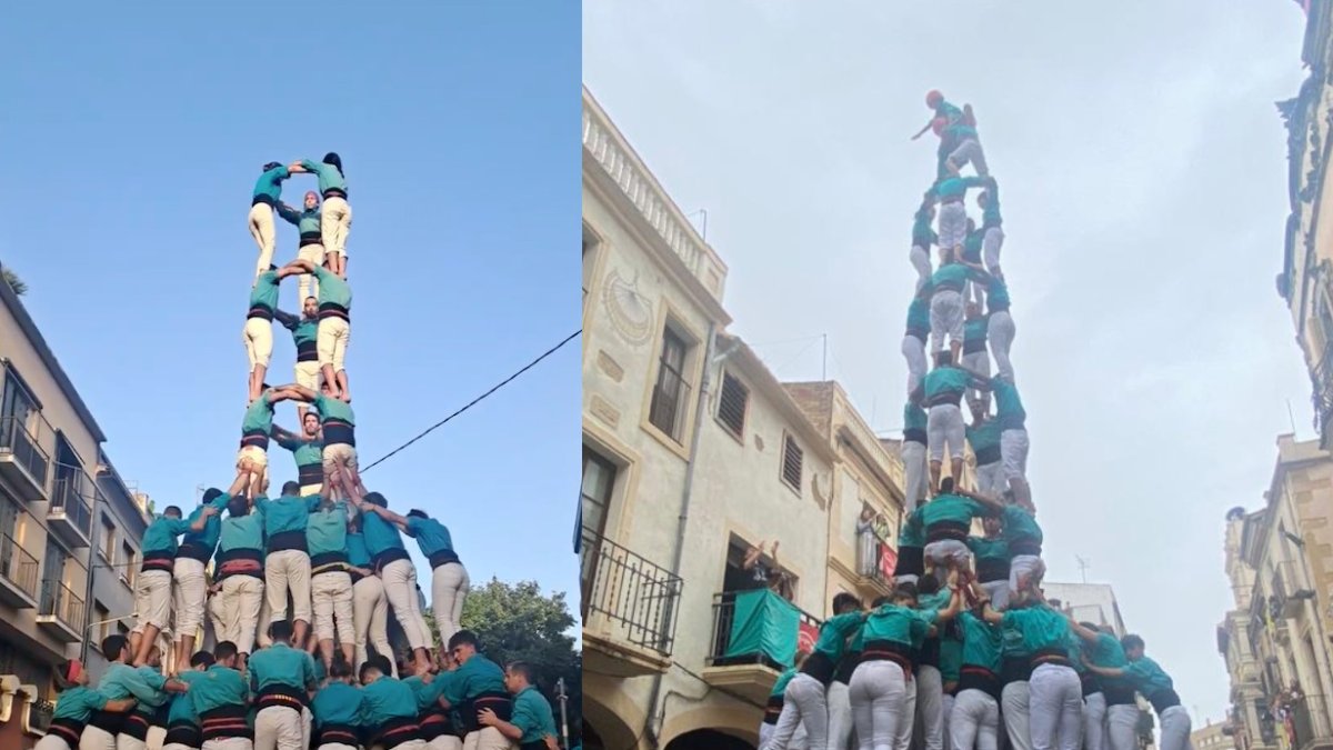 La prova del 3d10fm dels Castellers de Vilafranca a la Diada de Cal Figarot. I Imatge d'un 3 de 9 amb folre a l'Arboç.