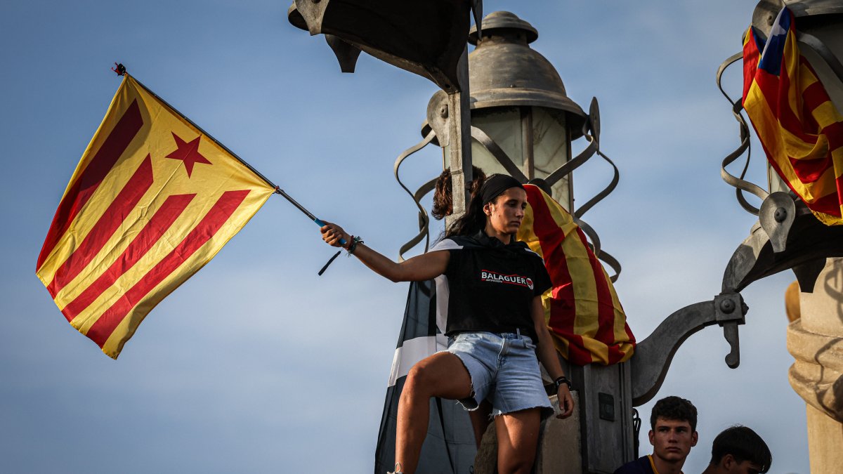 Una manifestant amb una estelada a la plaça d'Espanya, participant a la manifestació convocada per l'ANC amb motiu de la Diada.