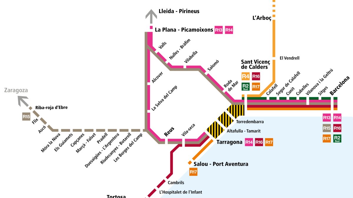 Esquema general del Pla de Transport Alternatiu entre Sant Vicenç de Calders i Tarragona per obres d’Adif al túnel de Roda de Berà.