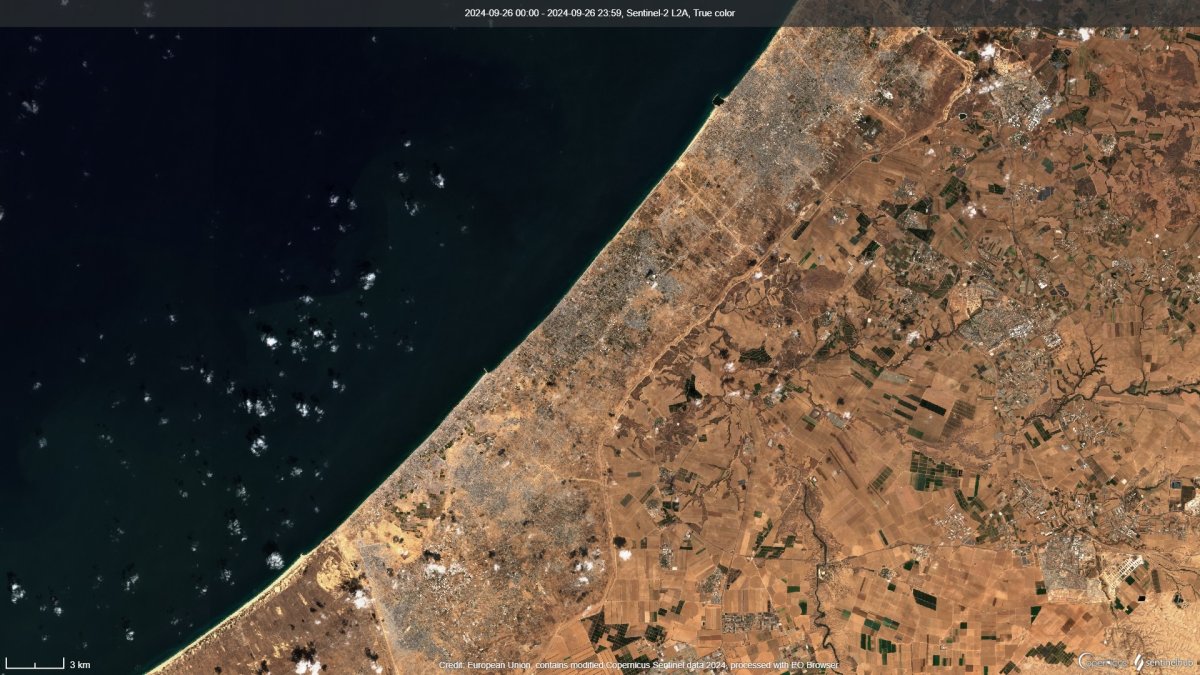 Imatge obtinguda pel satèl·lit Sentinel-2 de Copernicus de la franja de Gaza el 26 de setembre del 2024, gairebé un any després de l'inici de la guerra entre Hamàs i Israel