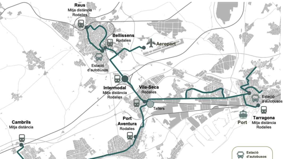 Plànol de l’itinerari del TramCamp que unirà els municipis de Reus, Vila-seca, Salou, Cambrils i Tarragona.