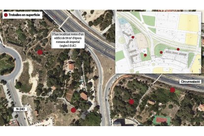 Mapa de los hallazgos iniciales en superficie. A la derecha, plano del proyecto de urbanización, con las dos zonas de edificios previstas.