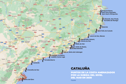 Puntos de la costa amenazados por la subida del nivel del mar en el 2030.