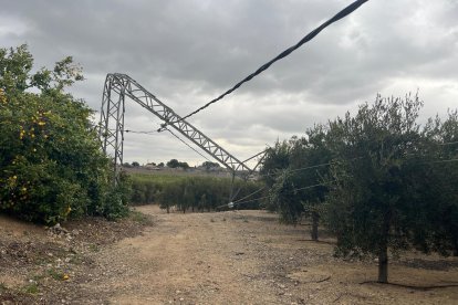 Una de las dos torres de media tensión que ha quedado afectada por el choque de un turismo, en Riudoms.