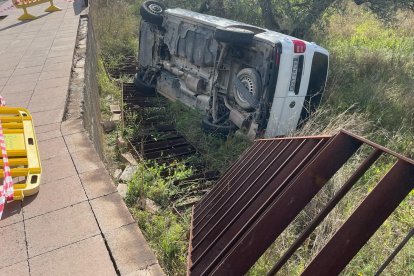 Imagen de la furgoneta volcada en un campo de olivos.
