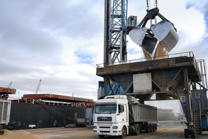 Proceso de descarga de grano de un barco en el Port de Tarragona.
