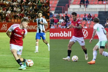 Pol Domingo (izquierda) y Joan Oriol (derecha) disputando un partido con la camiseta grana.