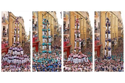 D’esquerra a dreta, fotografies de: 2de9fm de la Colla Jove, 5d8 de la CC Sant Pere i Sant Pau, 2d8f dels Xiquets de Tarragona i 3d8c dels Xiquets del Serrallo.