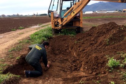 Un agent dels TEDAX de la Guàrdia Civil amb el projectil trobat en un camp de la partida de l'Oriola. Imatge del 2 de novembre de 2016