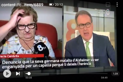 Instant del programa 8 al dia, on la germana de J.G. exposa la problemàtica amb el rector de Santa Coloma.