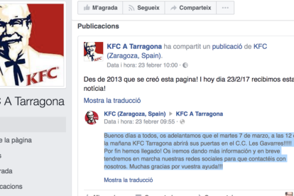 Notificació que ha rebut la pàgina KFC a Tarragona.