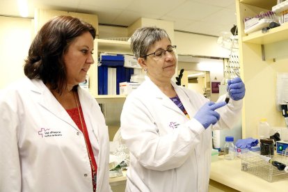 La cap del grup de recerca de Pneumologia, la doctora Maria Jesús Cruz (esquerra), i la doctora María Dolors Untoria, observen una proveta amb partícules de l'aire de Barcelona al seu laboratori del VHIR.