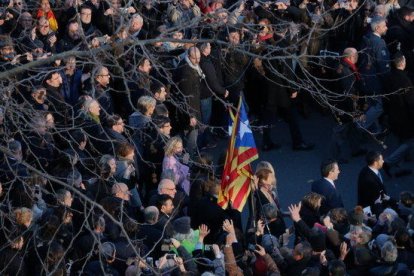 Mas, Ortega i Rigau, durant el recorregut pels carrers de Barcelona camí del TSJC. Imatge del 6 de febrer del 2017.