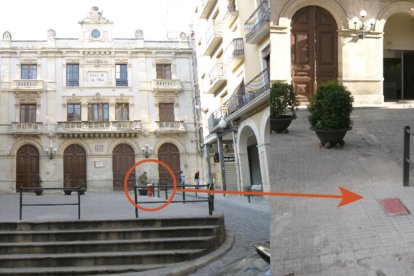 Imatge de la plaça amb l'antic hidrant i tal com ha quedat després de les obres.