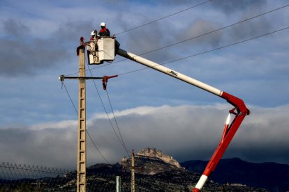 Operaris d'Endesa instal·lant les produccions en un suport de la línia pròxima a l'abocador de Mas de Barberans.