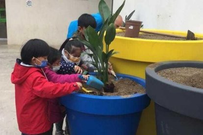 Dos niños durante la plantada en la Escola Saavedra.