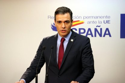 El presidente del gobierno español, Pedro Sánchez, en la rueda de prensa posterior al Consejo Europeo.