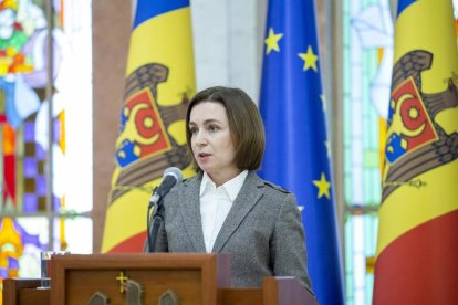 La presidenta de Moldova Maia Sandu speaks during briefing at the presidential palace in Chisinau, M