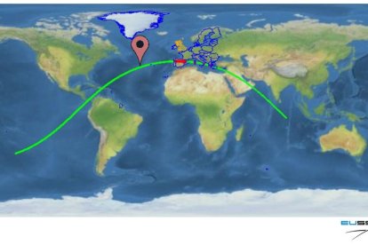 Mapa amb la previsió de la ruta de les restes del coet.