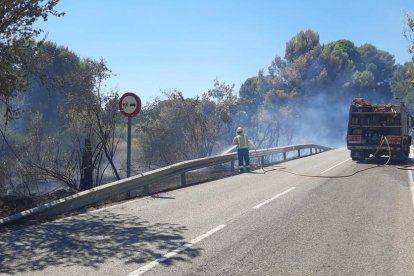 Bombers treballant a l'entorn del barri de Santa Magdalena de Valls.