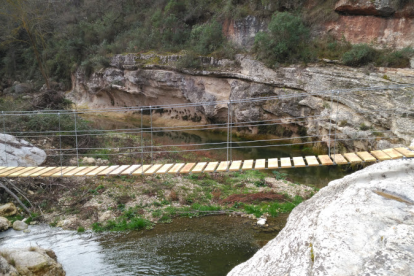 Imatge d'un pont penjant al Camí de les Terres del Gaià.