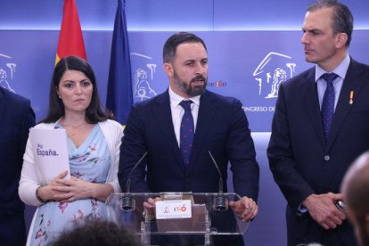 El líder de Vox, Santiago Abascal, en rueda de prensa en el Congreso de los Diputados.