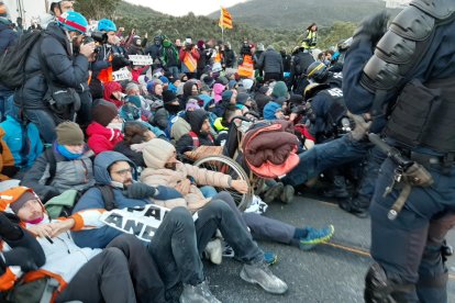 Antiavalots de la policia francesa desallotgen els manifestants convocats pel Tsunami a la Catalunya del Nord.