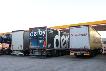 Diversos camions en una benzinera.