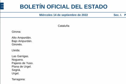 Imatge del nom de les comarques mal traduïdes al BOE.