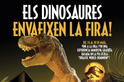 Cartell promocional de l'arribada de Jurassic World a la Fira Centre Comercial de Reus.