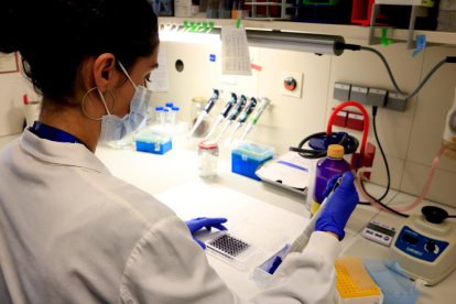 Una investigadora del Laboratori de Sarcomes del Vall d'Hebron Institut de Recerca (VHIR) treballant al laboratori.