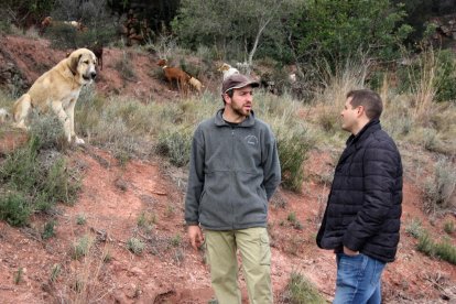 Pla americà de David Arenas, ramader (a l'esquerra), i de Robert Figueras, alcalde d'Alcover, mentre algunes cabres pasturen, a prop seu, per una franja protectora de la urbanització Mas Gasol d'Alcover. Imatge del 26 de febrer de 2016