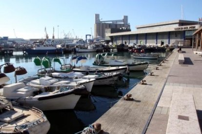 Barques de pescadors al barri del Serrallo de Tarragona, amb l'edifici de la Llotja de Peix al fons.