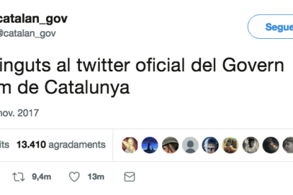 El primer tuit del nuevo Twitter oficial del Gobierno de Puigdemont.