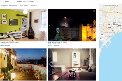 Captura de pantalla del portal web d'Airbnb quan es procedeix a buscar pisos turístics a la ciutat de Tarragona.