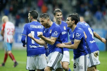 David Rocha celebra un gol amb la samarreta de l'Oviedo aquesta temporada.