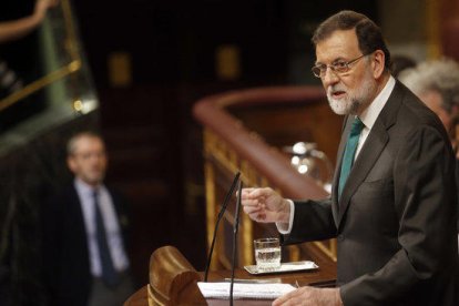 El president del govern espanyol, Mariano Rajoy, des de la tribuna del Congrés dels Diputats durant el debat de la moció de censura contra seu.