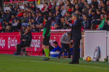 Enrique Martín demana calma als seus futbolistes durant un moment del Nàstic-Oviedo del passat diumenge al Nou Estadi (2-1).