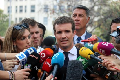 El líder del PP, Pablo Casado, en declaraciones a los medios de comunicación.